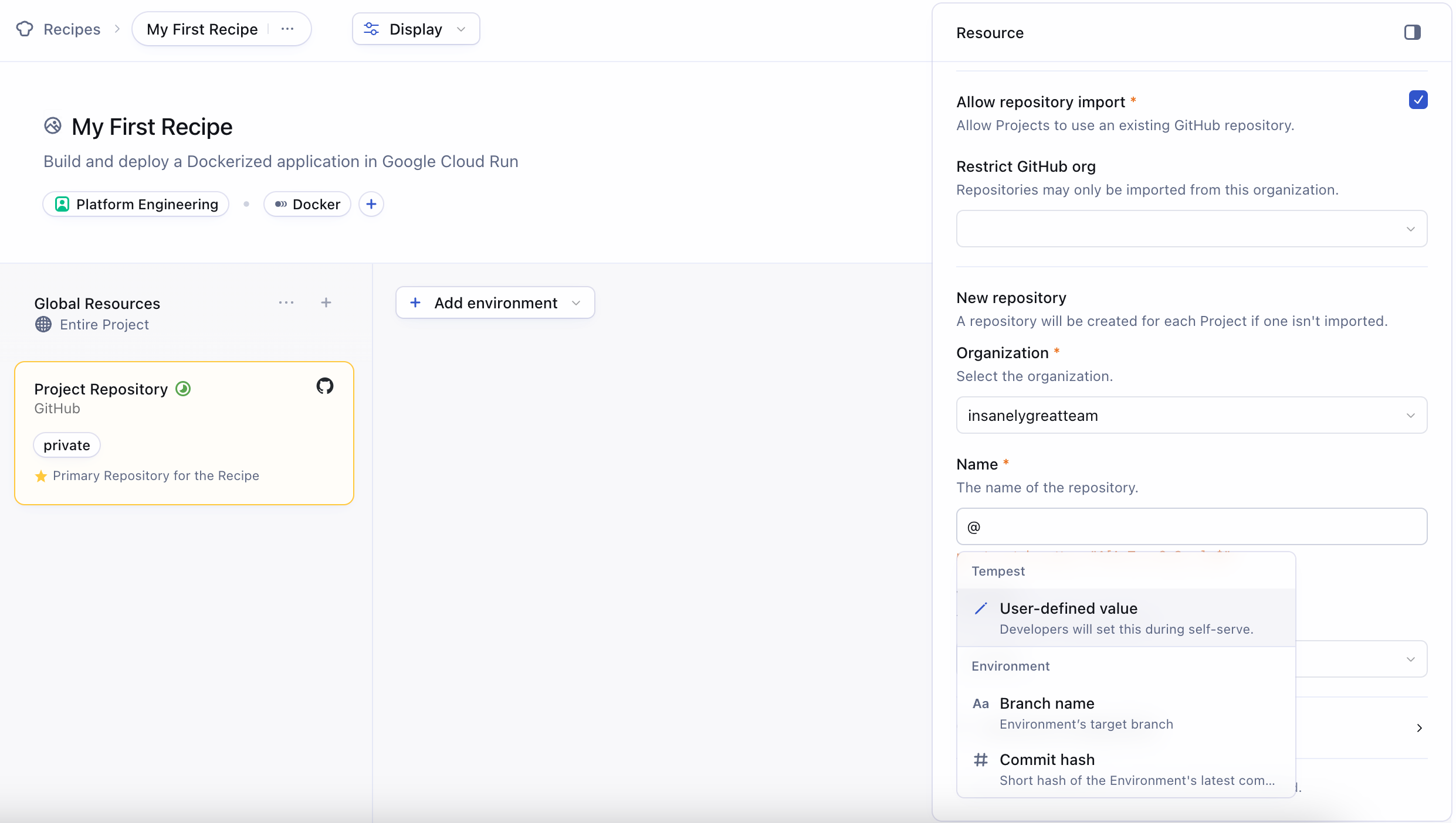 Reference user-defined values in your recipe